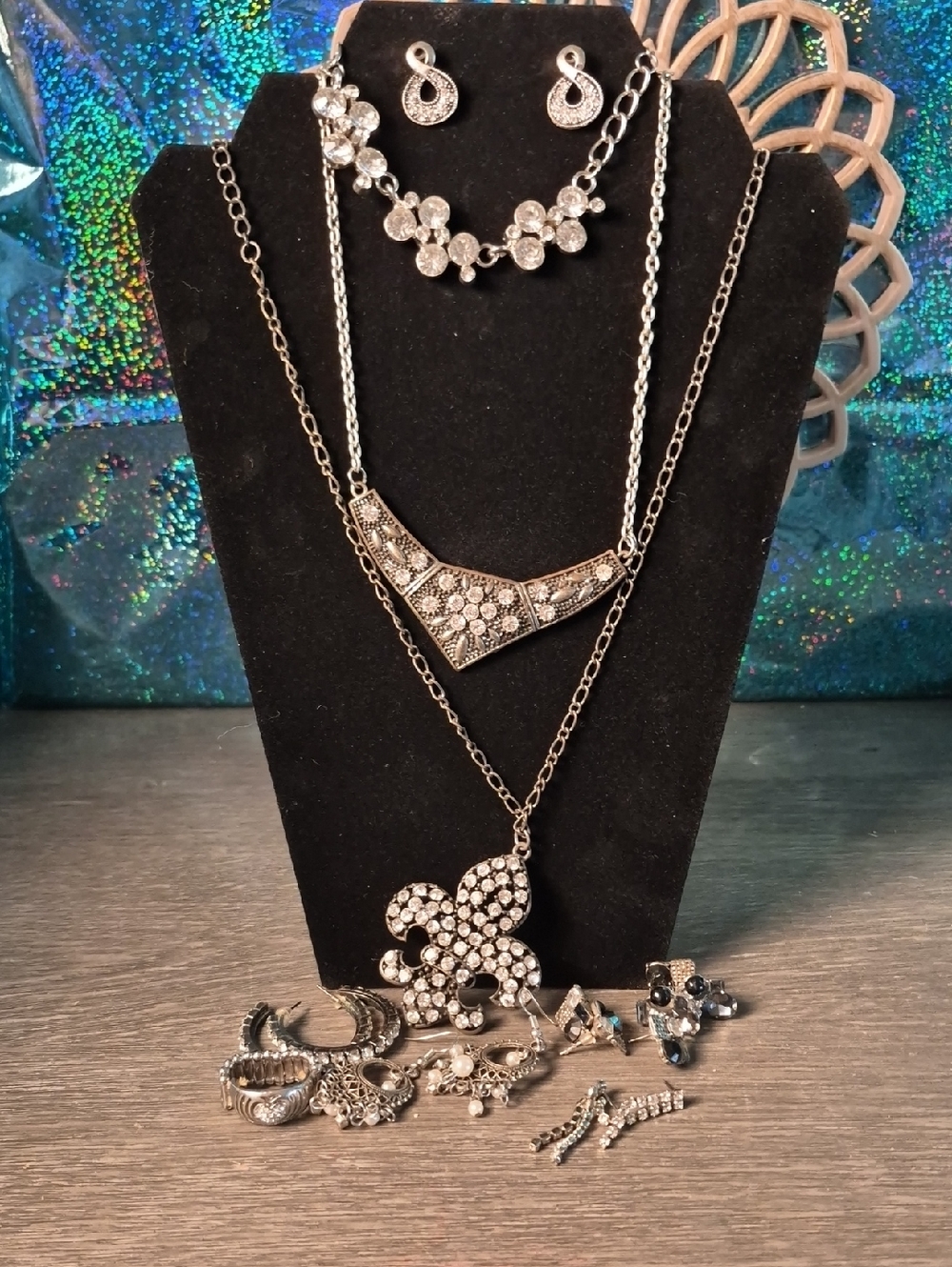 Two Necklaces, A Floral Bracelet, Several Pairs Of Earrings And Ring